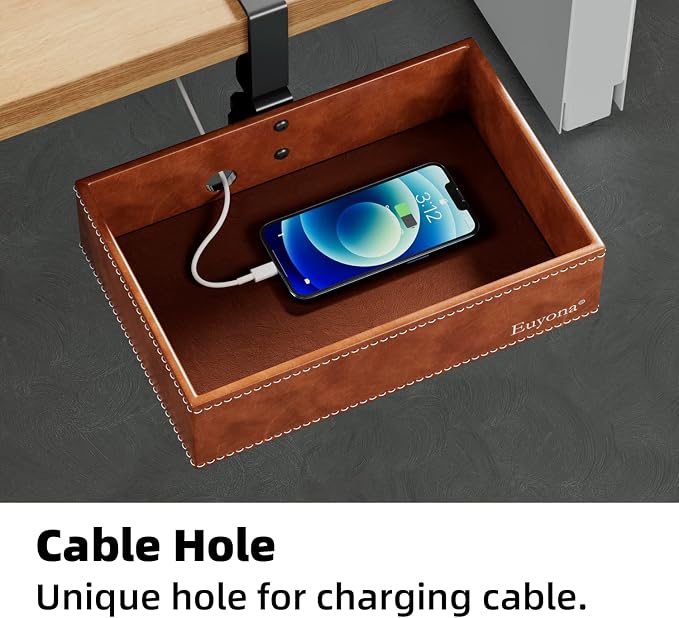 PU Leather Under Desk Drawer Organizer, 360° Rotating Clamp - Image 4