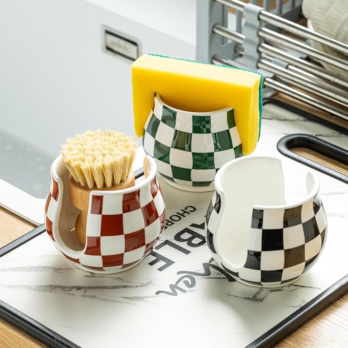 Kitchen Sponge Holder, Ceramic Sponge Organizer Checkered Scrubby Holder Sink - Image 7