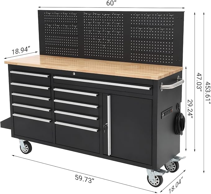 Rolling Tool Chest, 61 in Garage 10 Drawers Workbench Storage Tool Cabinet - Image 2
