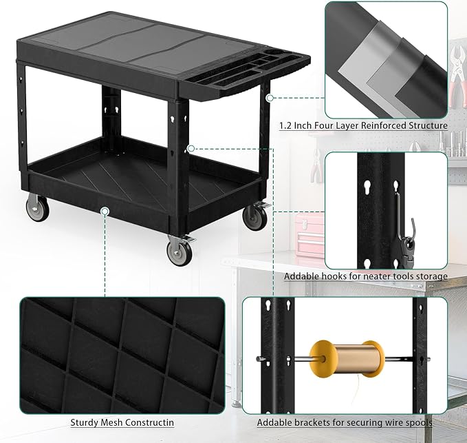 Heavy Duty Utility Rolling Tool Cart, 1000 lbs Capacity Flat Top Plastic - Image 3