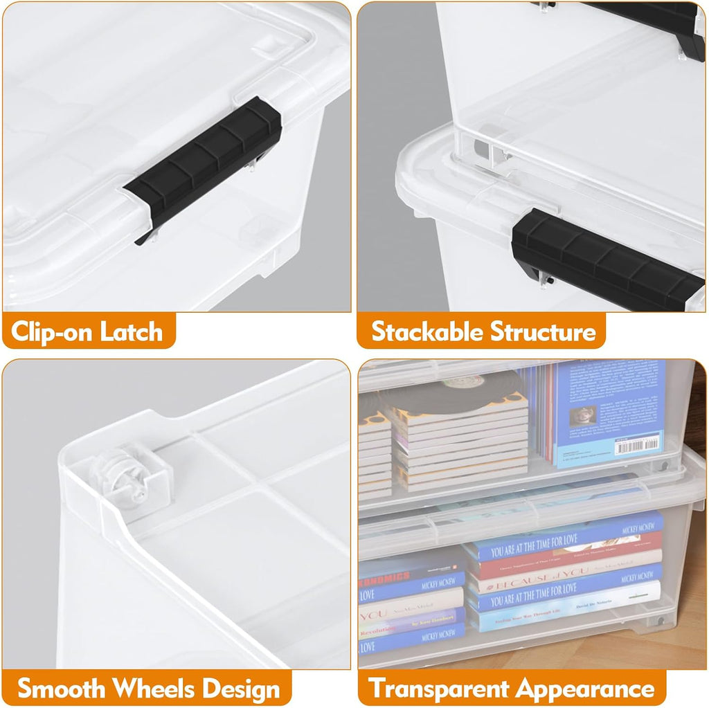 Saedy 4 Packs Plastic Under Bed Shallow Storage Box with Wheels 20 L