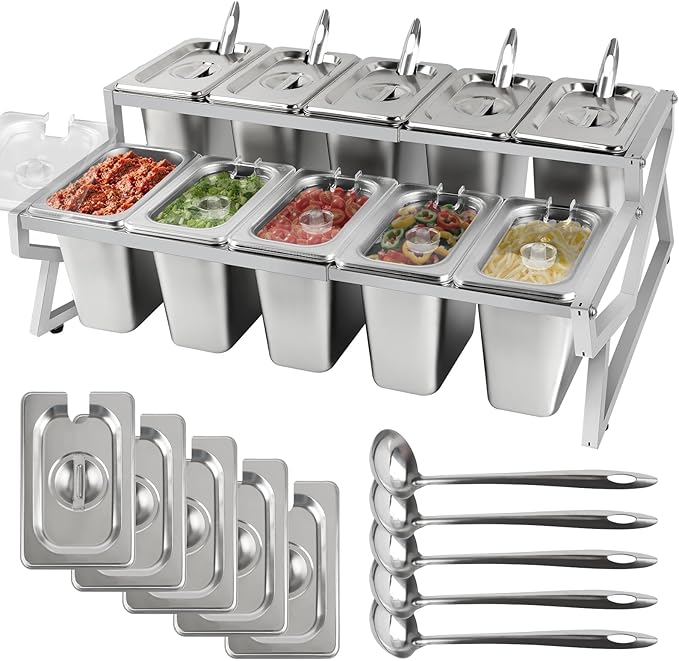 Kalolary 10 Pans Pizza Topping Storage Station, 2 Row Adjustable Stainless by Kalolary