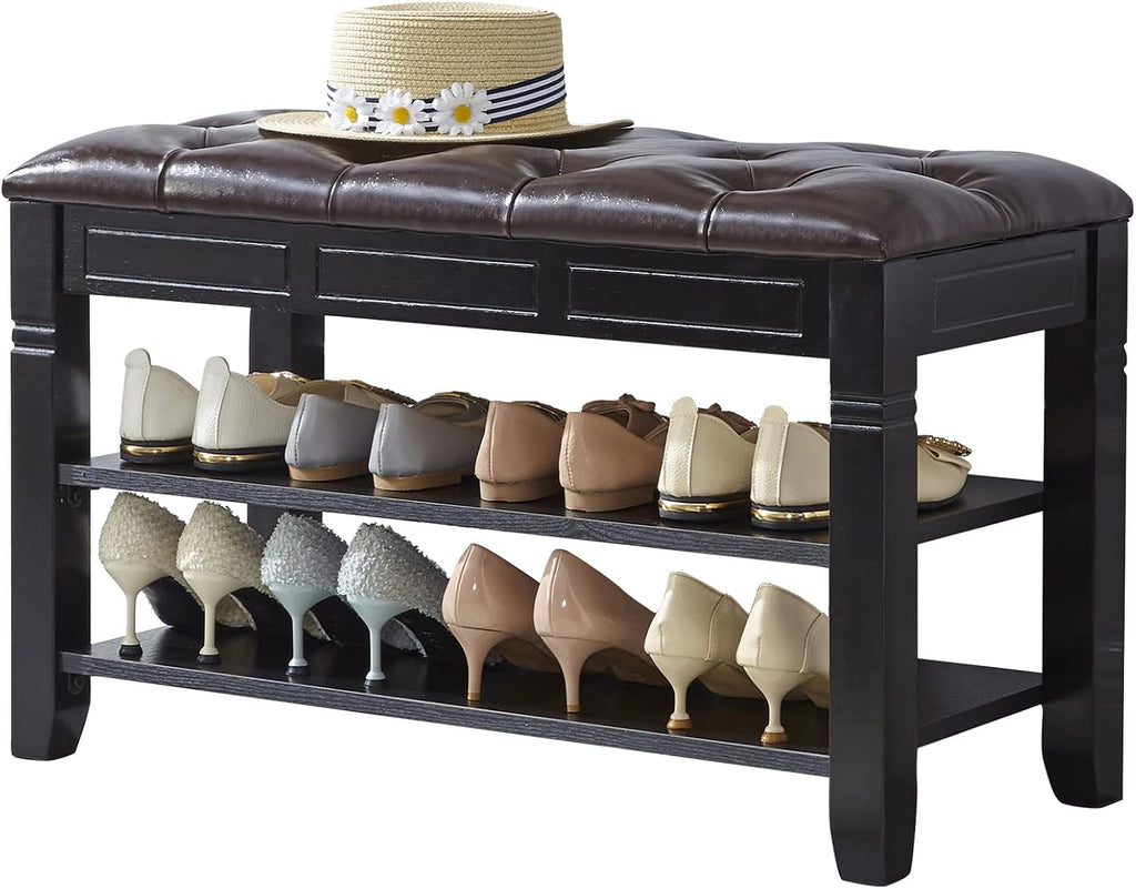 LEILISI Shoe Bench, Storage Rack Organizer with Cushion 2 Tier Lift