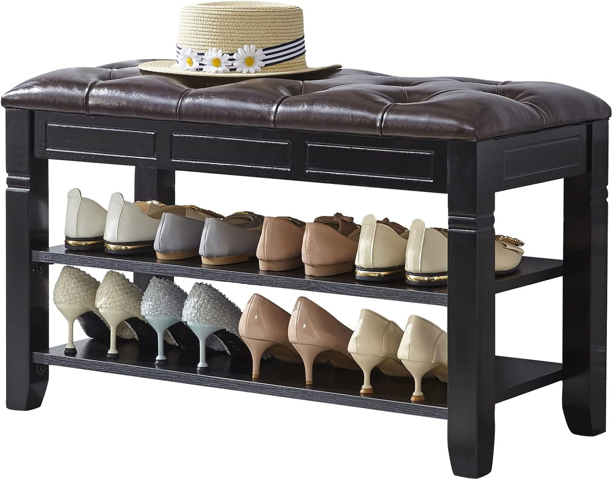 LEILISI Shoe Bench, Storage Rack Organizer with Cushion 2 Tier Lift