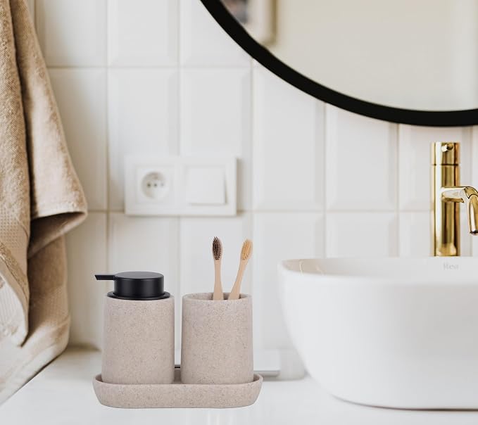 Beige Bathroom Accessories Set, Sandstone Look Soap Dispenser - Image 7