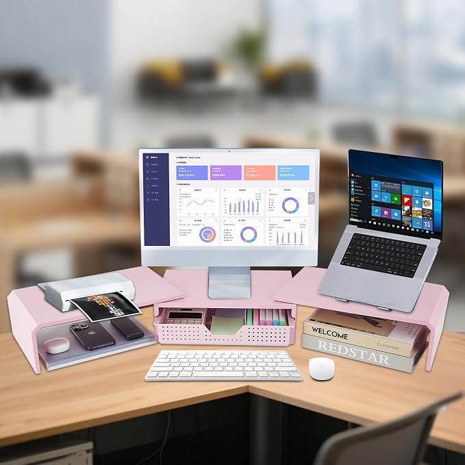 Dual Monitor Stand Riser with Drawer, Desk Organizer and Accessories, Desktop - Image 2