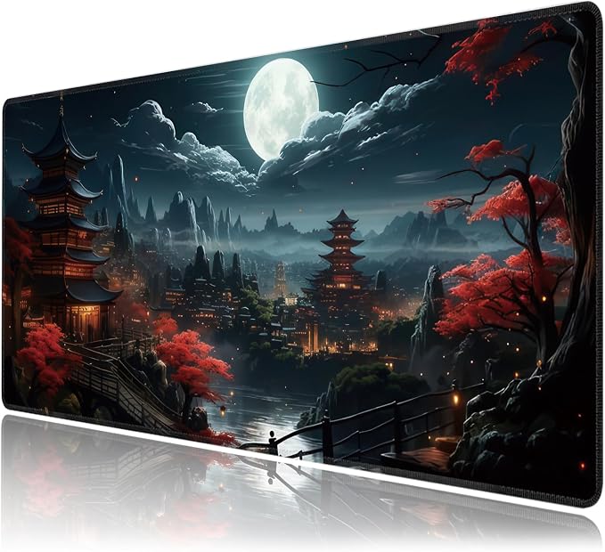 Japanese Full Moon Large Mouse Pad, Gaming Keyboard Desk Pad, Extended Mouse by BAHDSISFA