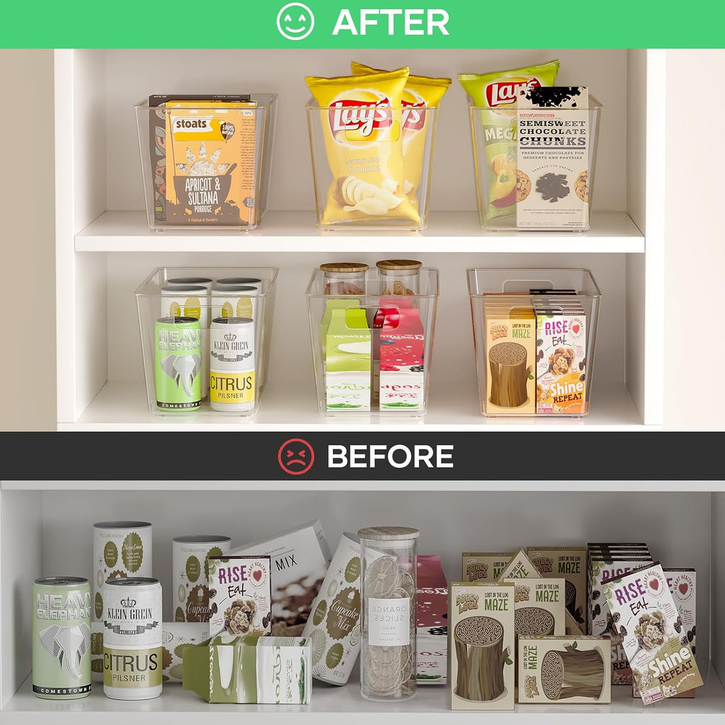 6 Pack Clear Plastic Storage Bins with Handles, 11" Pantry Organizers