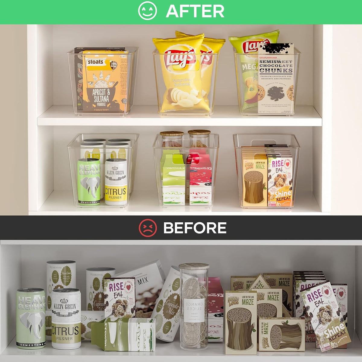6 Pack Clear Plastic Storage Bins with Handles, 11" Pantry Organizers