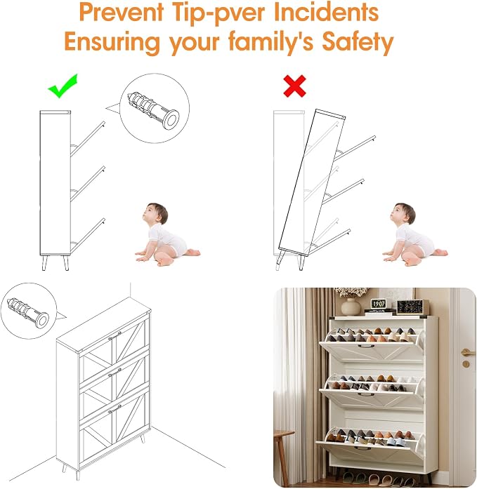 Shoe Cabinet with 3 Flip Drawers, Farmhouse Shoe Organizer Cabinet with Legs - Image 9