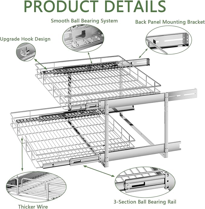2 Tier Individual Pull Out Cabinet Organizer 27" W x 21½" D, Heavy Duty Cabinet - Image 7