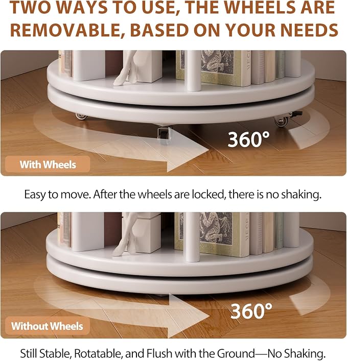 Solid Wood Rotating Bookshelf on Wheels, 4 Tier, Round Revolving Bookcase - Image 5