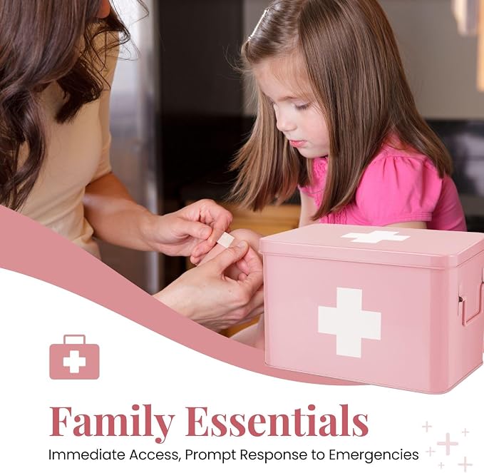 Flexzion First Aid Box Organizer Empty 13" Pink Vintage First Aid Kit Tin Metal - Image 2