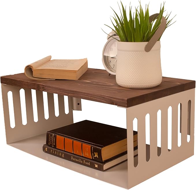 Floating Nightstand with White Metal Base, Wooden Top and Sturdy Metal Base by Woodches