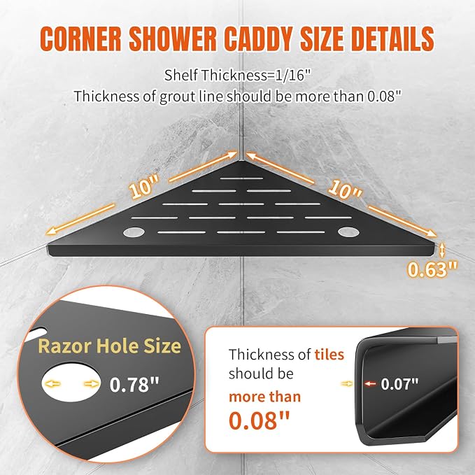 Corner Shower Shelf with Razor Hole, Modern Sturdy Shower Caddy, No Drilling - Image 2