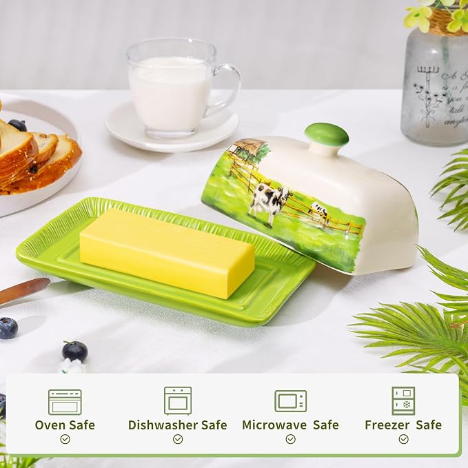 Cow Butter Dish with Lid for Countertop, Large Ceramic Embossed Butter Keeper - Image 3