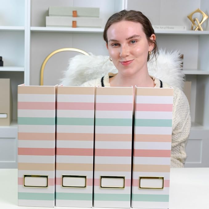 BLU MONACO Set of 4 Foldable Magazine Holders in Pastel Stripes | Cardboard - Image 3