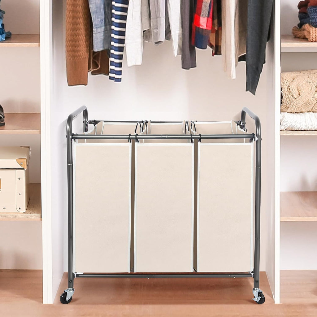 Laundry Sorter 3 Section, 3 Bag Clothes Hamper, Rolling Laundry Cart