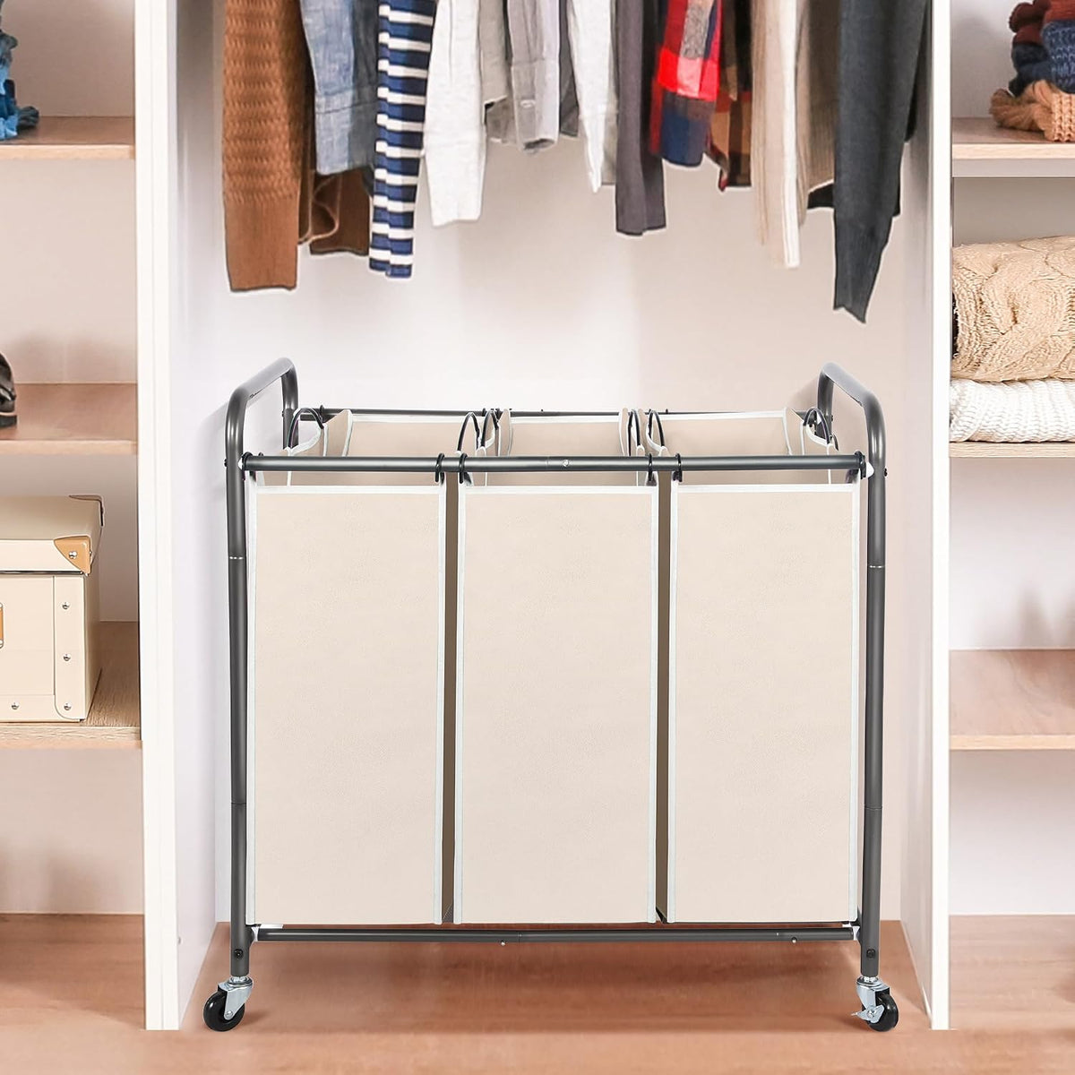 Laundry Sorter 3 Section, 3 Bag Clothes Hamper, Rolling Laundry Cart