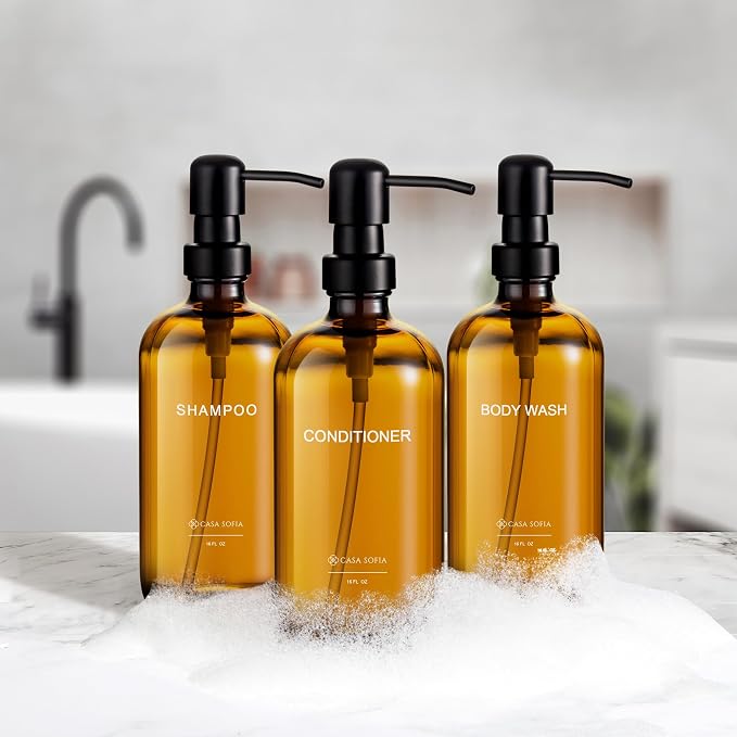 Amber Glass Shampoo and Conditioner Dispenser Set – Refillable 16 OZ Bottles - Image 4