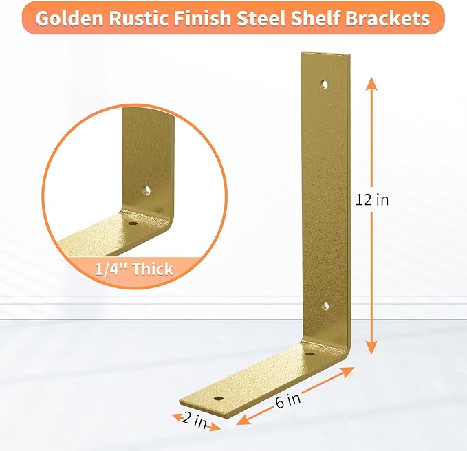 Gold Heavy Duty Shelf Brackets 12 Inch, Extra Thick L Shelving Brackets - Image 2