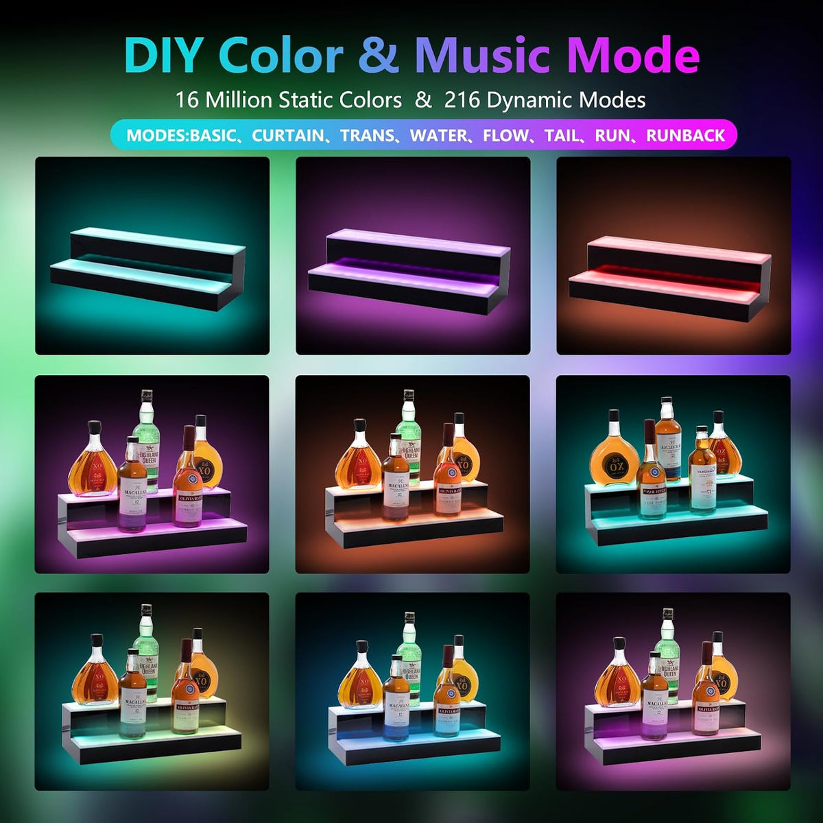 Led Lighted Liquor Bottle Display Shelf, 20 Inch 2 Tier Whiskey Rack