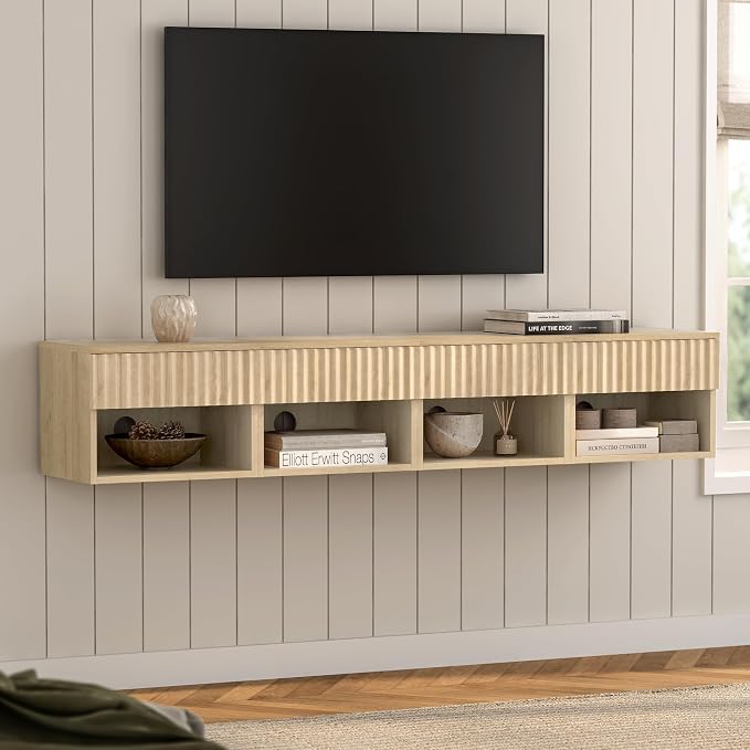 Small Floating Nightstand with Drawer, Modern Night Stand with Fluted Door and - Image 7