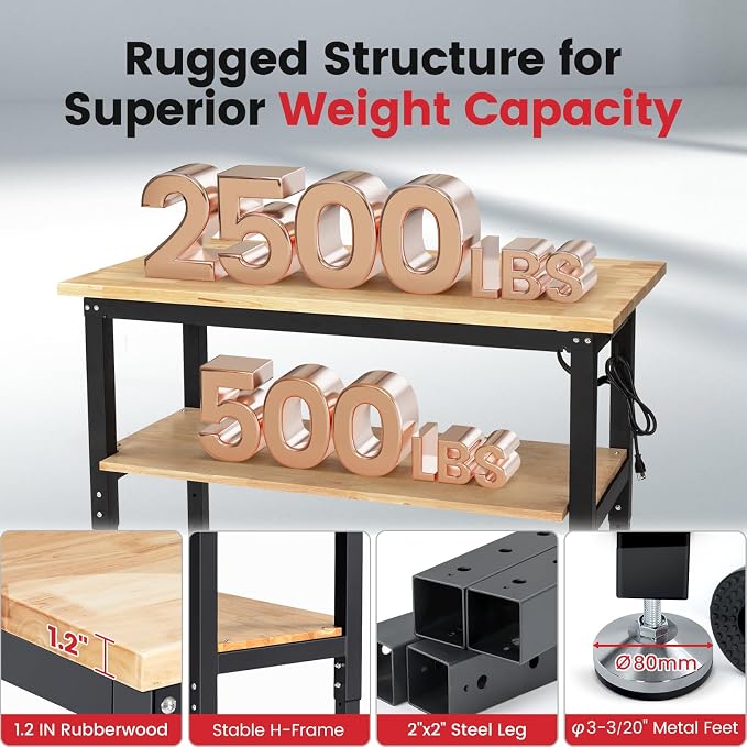 48 Inch Work Table for Garage Adjustable Height Rubber Wood Tabletop Workbench - Image 5