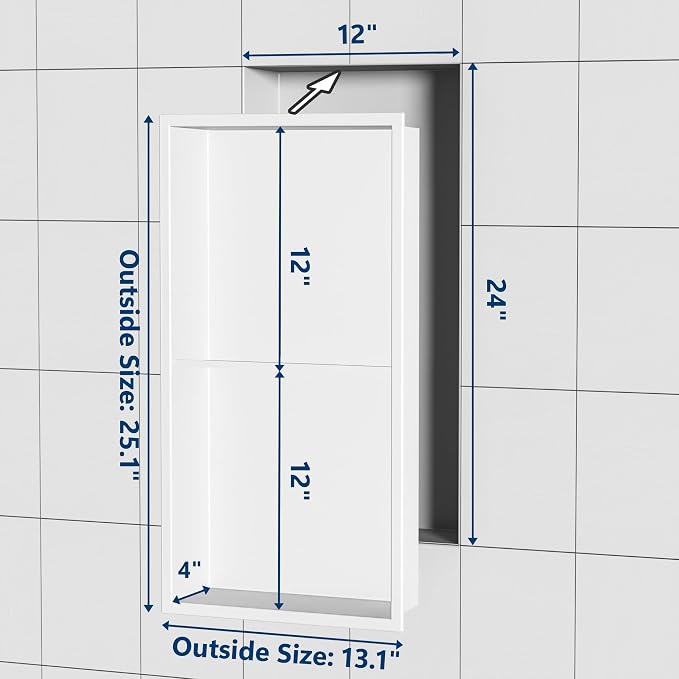 Stainless Steel Shower Niche 24" X 12", No Tile Needed Wall Niche Double Shelves - Image 3