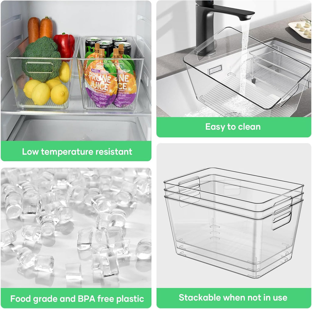 6 Pack Clear Plastic Storage Bins with Handles, 11" Pantry Organizers