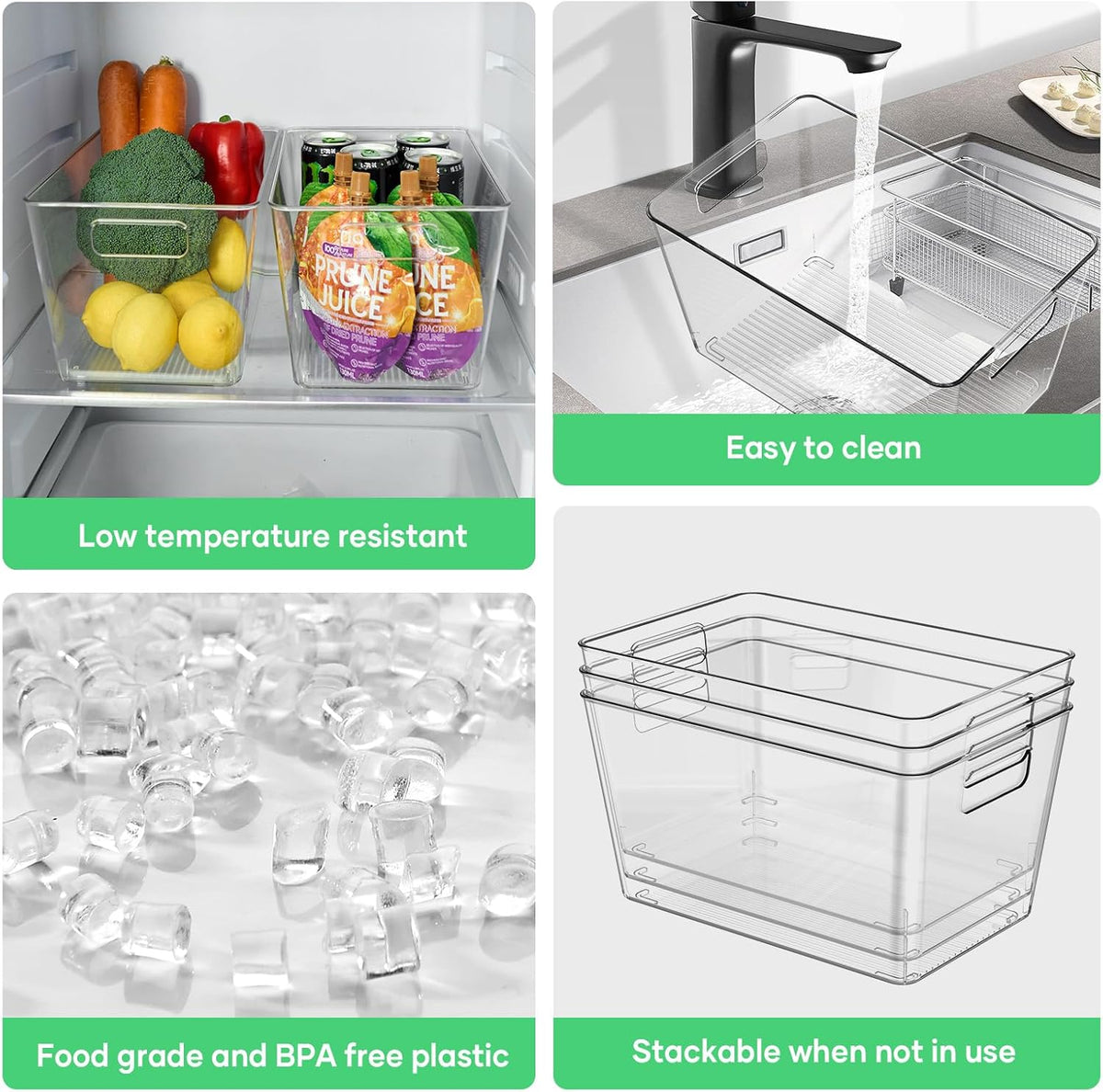 6 Pack Clear Plastic Storage Bins with Handles, 11" Pantry Organizers