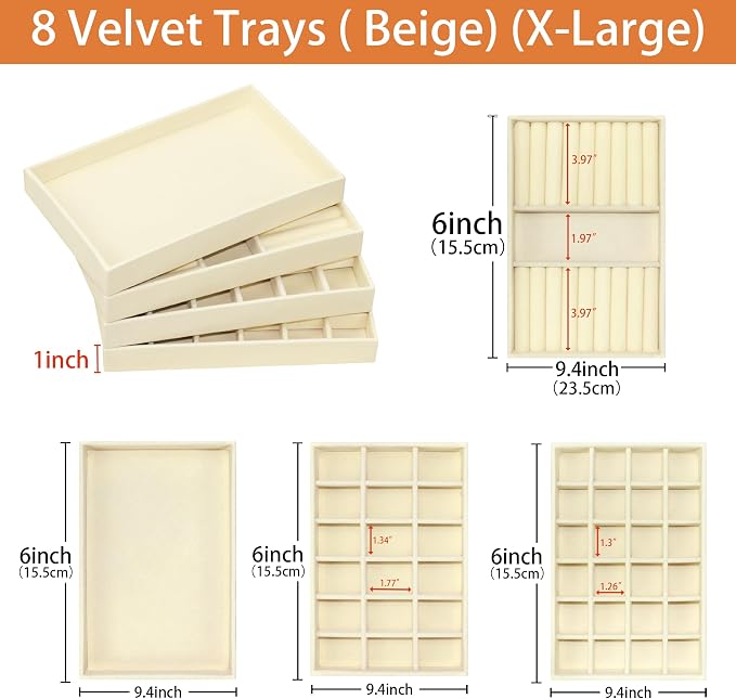 8 Pack Velvet Jewelry Trays X-Large Stackable Jewelry Drawer Organizer Tray - Image 3