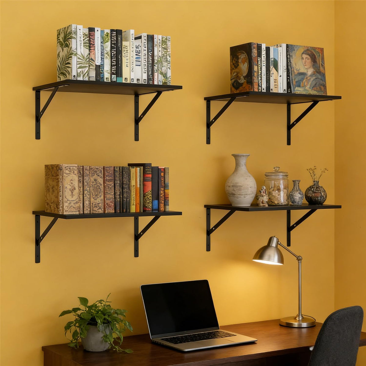 4 Pack Black Heavy Duty Shelf Brackets 12 x 7.3 inch with Screws,Metal