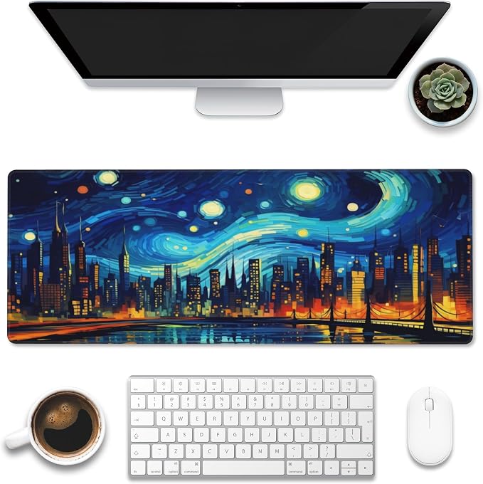 Desk Pad, City Starry Night Desk Mat, Abstract Oil Painting Large Gaming Mouse by Eflxamz