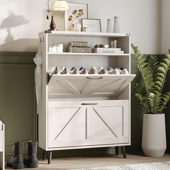 Shoe Cabinet with 2 Flip Drawers & Open Storage, Farmhouse Shoe Storage Cabinet by Halitaa