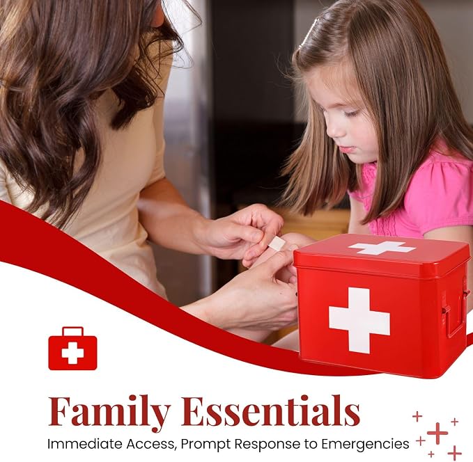 Flexzion First Aid Box Organizer, Empty 8.5 Inch Red Vintage First Aid Kit Tin - Image 2