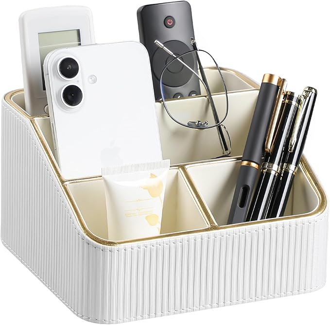 Remote Control Holder with 4 Compartments, PU Leather Small Nightstand Organizer by Cretkhp