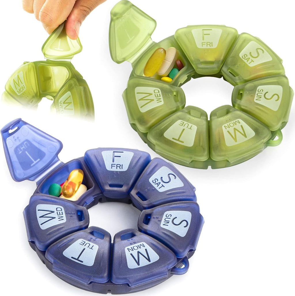2-Pack Round Weekly Pill Organizer, Soft-Touch Silicone, Travel Pill