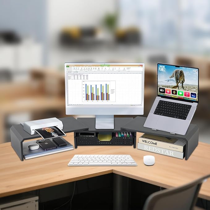 Dual Monitor Stand Riser with Drawer, Computer Stand - Image 2