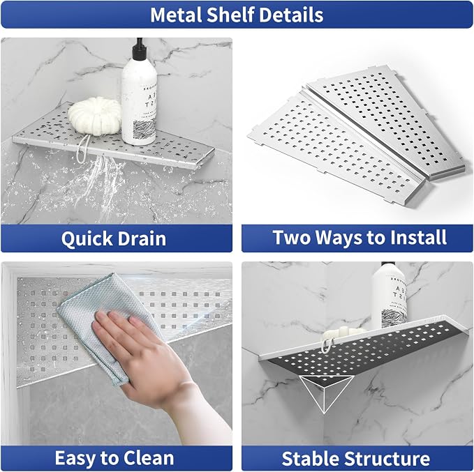 Corner Shower Shelf, 304 Stainless Steel Grid Design Recessed Bathroom Shelf - Image 3