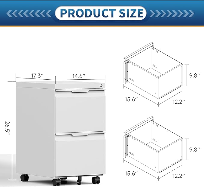 File Cabinet 2 Drawers on Wheels Under Desk, Locking Filing Cabinets - Image 3