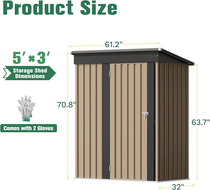 Flamaker 5x3 FT Storage Shed Waterproof Metal Garden Shed - Image 5