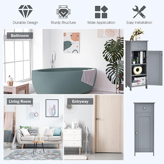 HAPPYGRILL Bathroom Floor Cabinet, Single Door Floor Storage Cabinet Organizer - Image 8