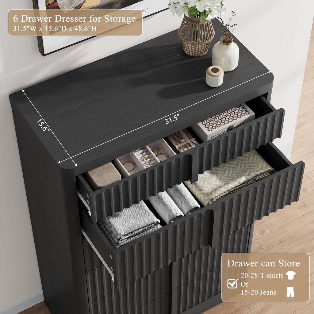 Fluted Dresser for Bedroom, 48" Tall 6 Drawer Dresser, Modern Chest of