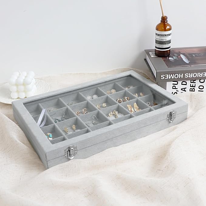 Wudygirl Jewelry Organizer Velvet Jewelry Tray 24 Grid Jewelry Box Earring - Image 4