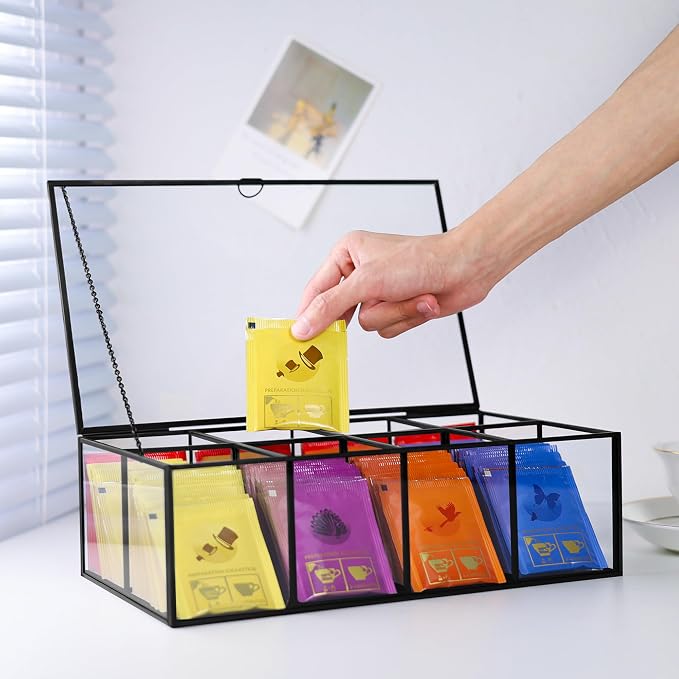 Glass Tea Bag Organizer with 8 Compartments, Handmade Large Tea Bag Storage Box - Image 2
