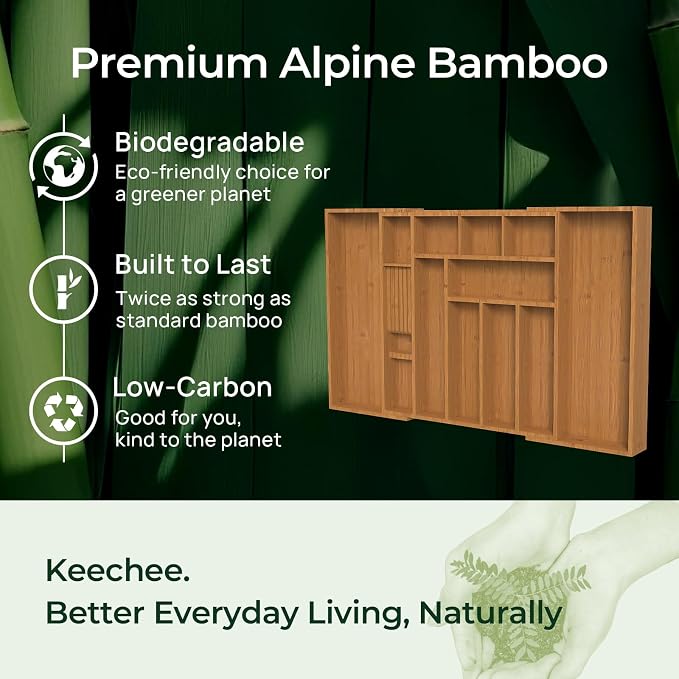 Carbonized Large Bamboo Kitchen Drawer Organizer, 12 Slots Expandable - Image 7