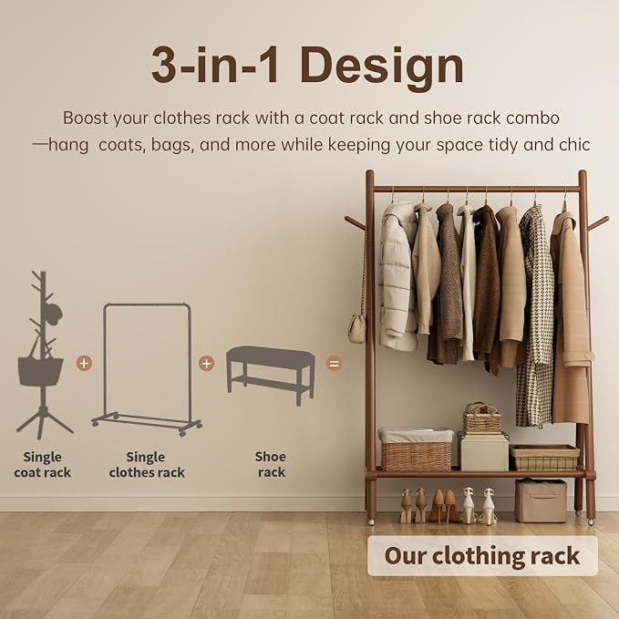 Solid Wood Clothing Rack, Rolling Clothes Rack - Image 7