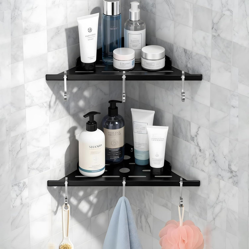 2Pack Corner Shower Shelf 10" 304 Steel 6Hooks 40Lb Duty Drill-Mount