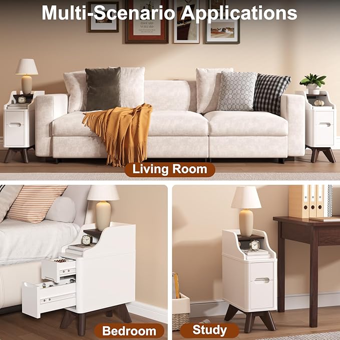 Narrow Nightstand with Drawers, Wood Night Stand with Charger Station, Narrow - Image 6
